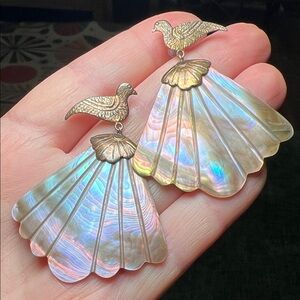 Antique Dove Hand Etched Bronze Bird Mother of Pearl Carved Fan Dangle Earrings